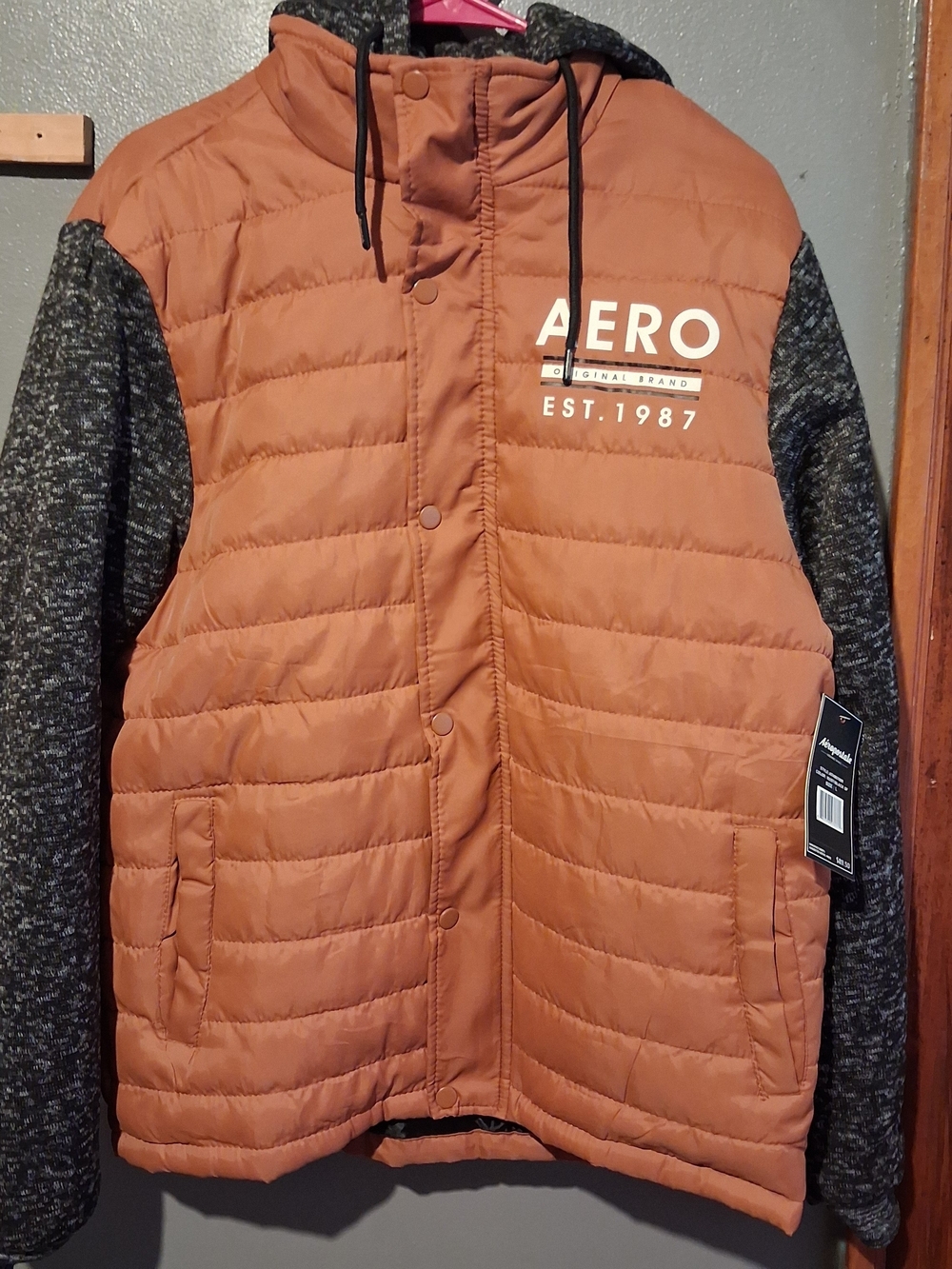 Aeropostale Rust Quilted Puffer Jacket with Charcoal Knit Sleeves